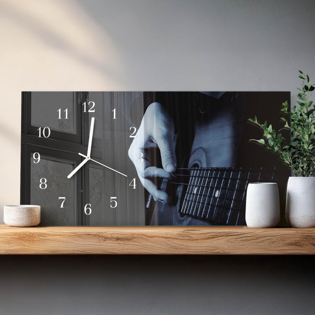 WANDUHR aus Glas 60x30 cm - Gitarrist - Schwarz, Glas (60/30/0.4cm) - TULUP