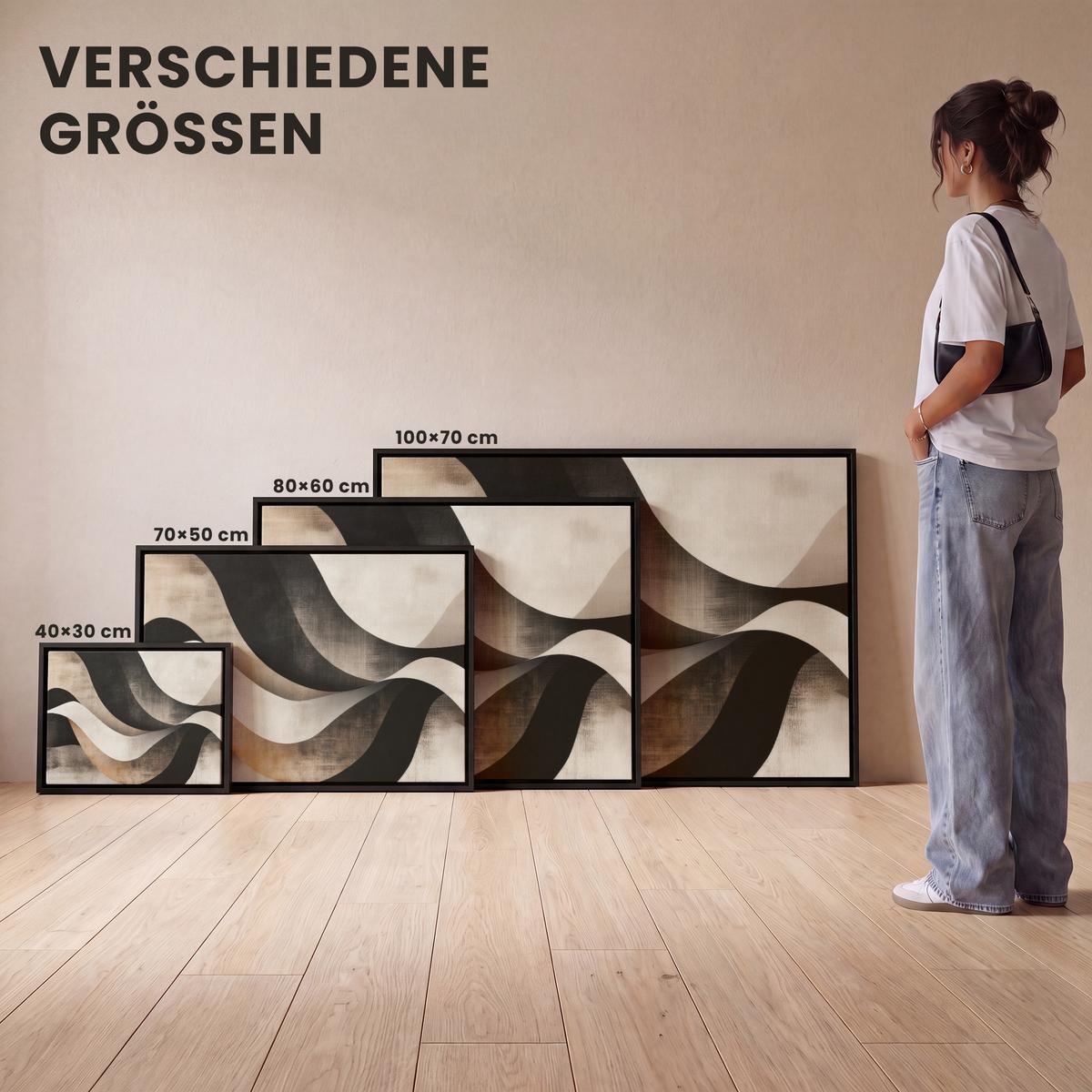 LEINWAND Bilder mit Rahmen - Abstrakt - Wellen - Schwarz - Verwittert - 70x50 - Trüffeleichefarben, Textil (70/50cm) - MuchoWow