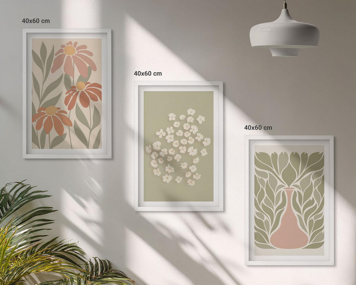 BILDER SET 3er Set - 40x60 cm Weißer Rahmen - Florale Boho-Muster - Weiß, Kunststoff (40/60cm) - TULUP