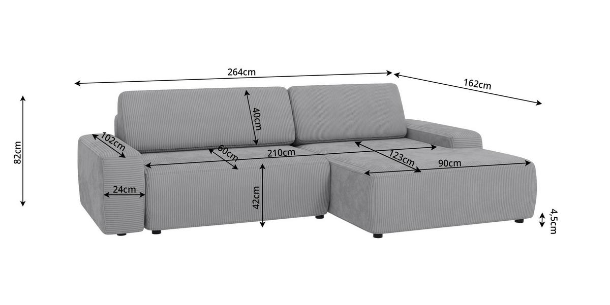 ECKSOFA Nancy Hellgrau Cord - Hellgrau/Schwarz, Holz/Kunststoff (264/162cm) - S-Style Möbel
