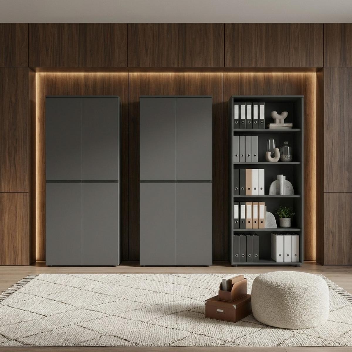 BÜRO-SET "Stuttgart" groß mit 3 Aktenschränke Soft-Close 272x197 cm Graphit - Schwarz, Holzwerkstoff (272/197/40cm) - KADIMA DESIGN