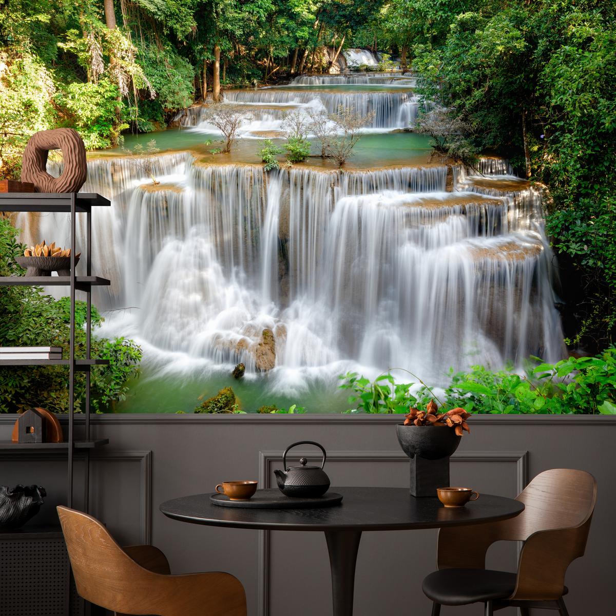 FOTOTAPETE für Esszimmer Panorama Waldwasserfall Bäume Pflanzen Natur 350x256 - Beige/Braun, Papier (350/256cm) - Muralo