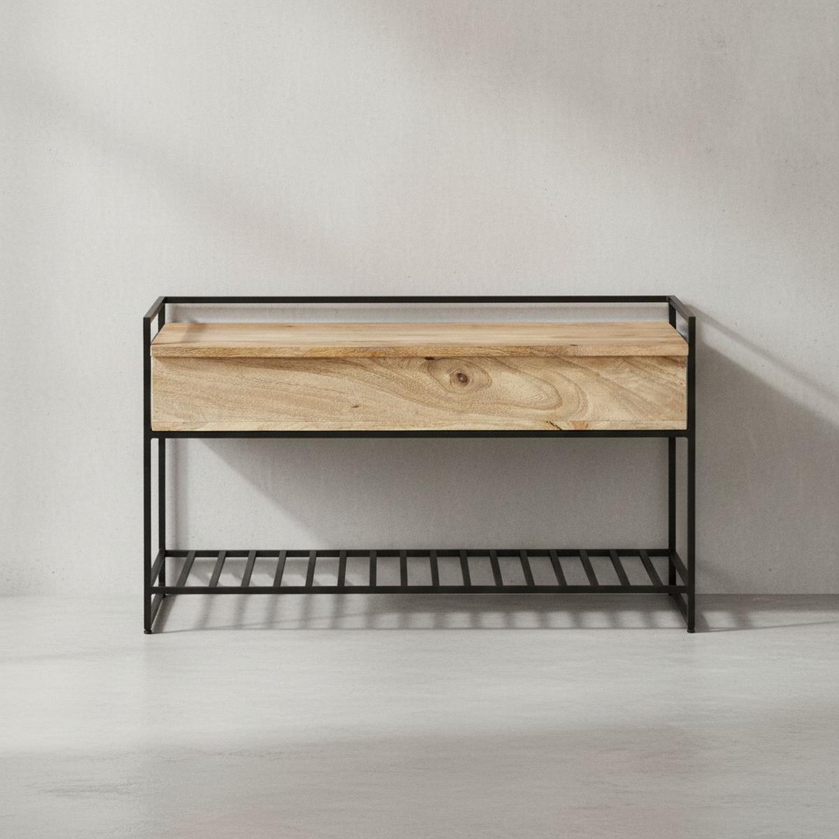 SITZBANK Massivholz Metall Stauraum Schuhablage, Mango 90x38x52 cm - Schwarz/Braun, Holz/Metall (90/52/38cm) - KADIMA DESIGN