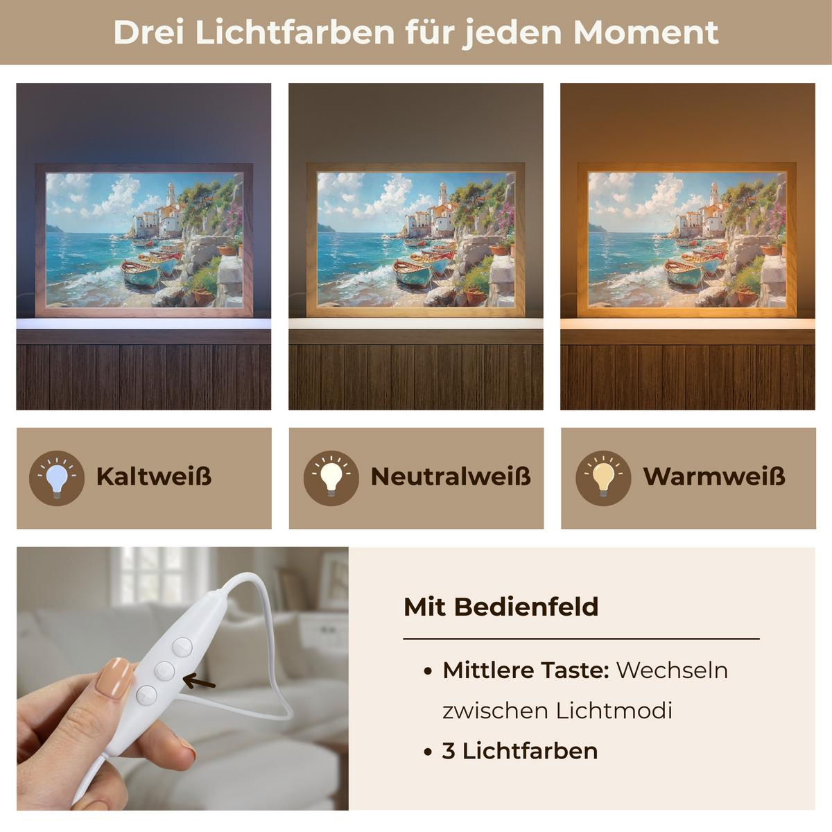 WANDLEUCHTE Boote - Felsen - Meer - Sonne 30x20 cm - Blau, Holzwerkstoff (30/20/8cm) - OnlyWow