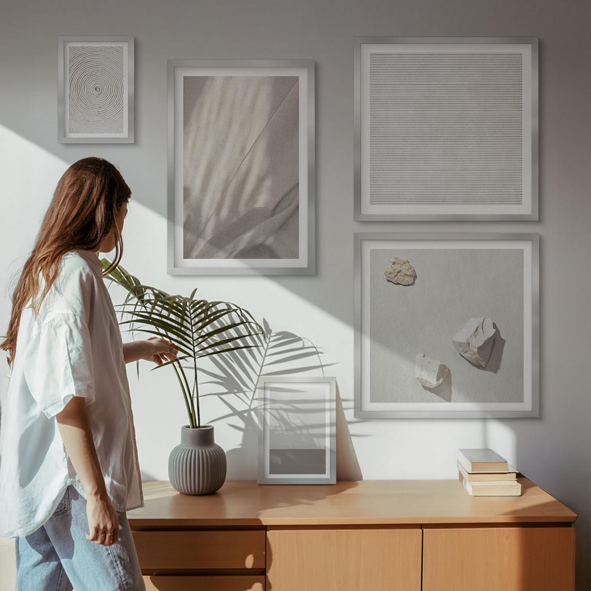 BILDER SET 5er Set - 50x50 cm & 20x30 cm & 40x60 cm Silberner Rahmen - Zarte Boho-Texturen der Natur - Silberfarben, Kunststoff (40/60cm) - TULUP