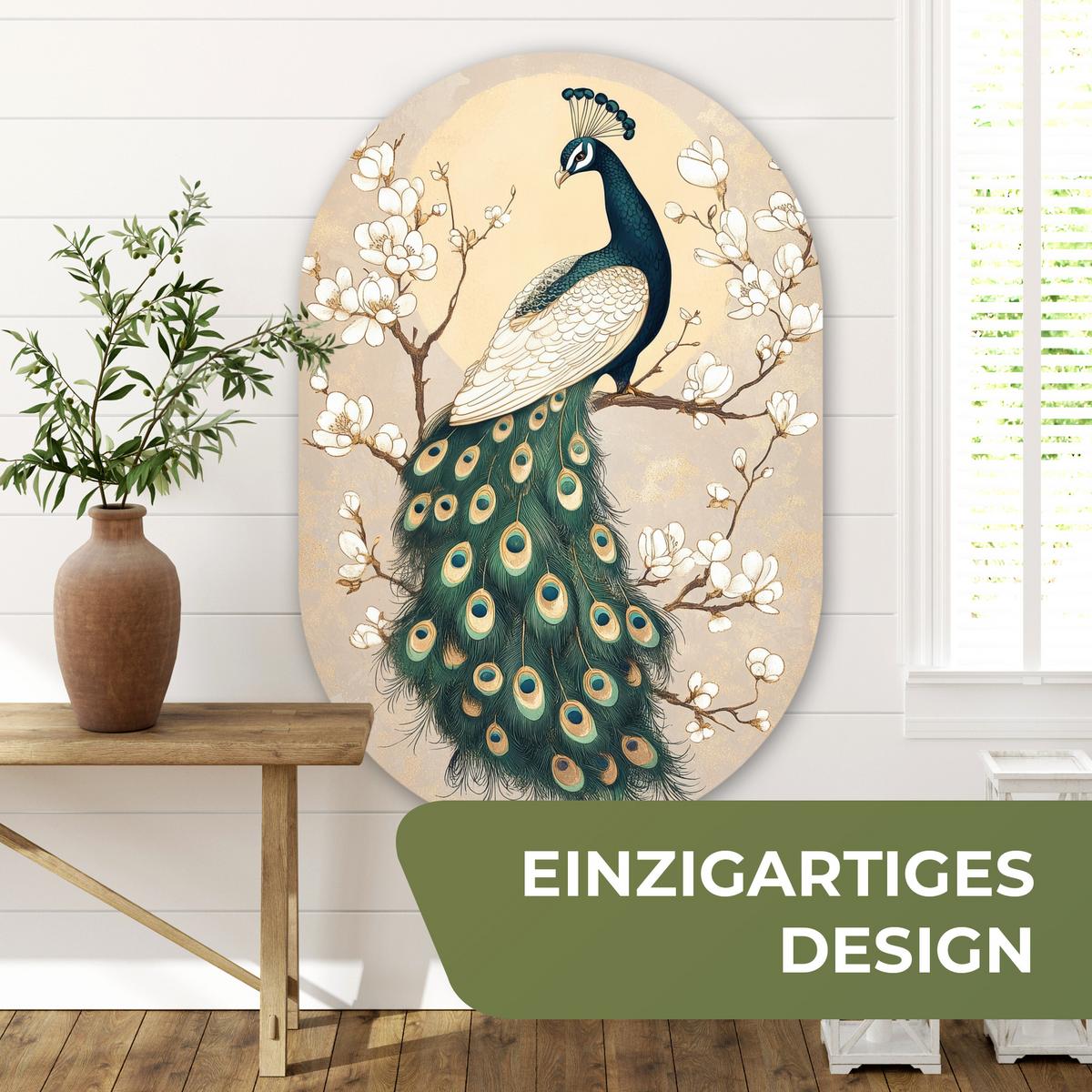 WANDBILD Pfau - Zweig - Blumen Deko Groß 80x120 cm - Champagner, Kunststoff (80/120cm) - MuchoWow