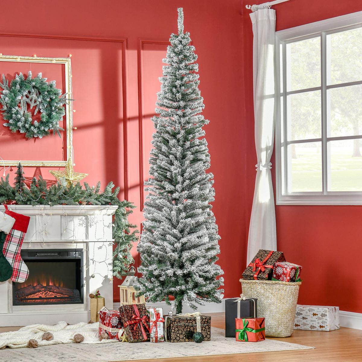KÜNSTLICHER-WEIHNACHTSBAUM, 225 cm Bleistift Kiefernbaum mit Schnee 738 Spitzen - Grün, Kunststoff (225cm) - HOMCOM