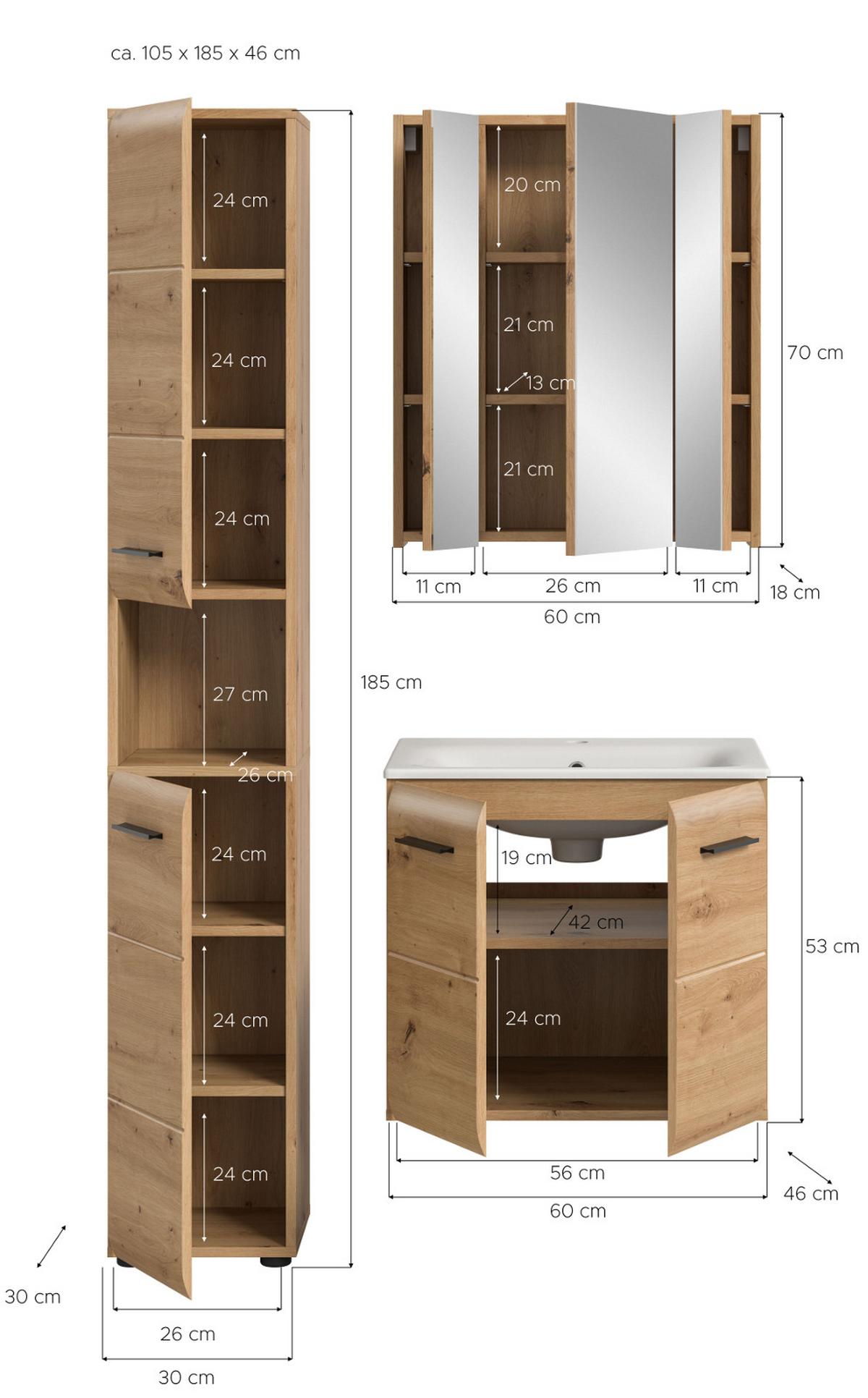 BADMÖBEL-SET 3-teilig Eiche Artisan, Badkombination 105 cm Komplett-Set mit Waschbecken - Schwarz/Eiche Artisan, Glas/Keramik (105/185/46cm) - Inn.Furn