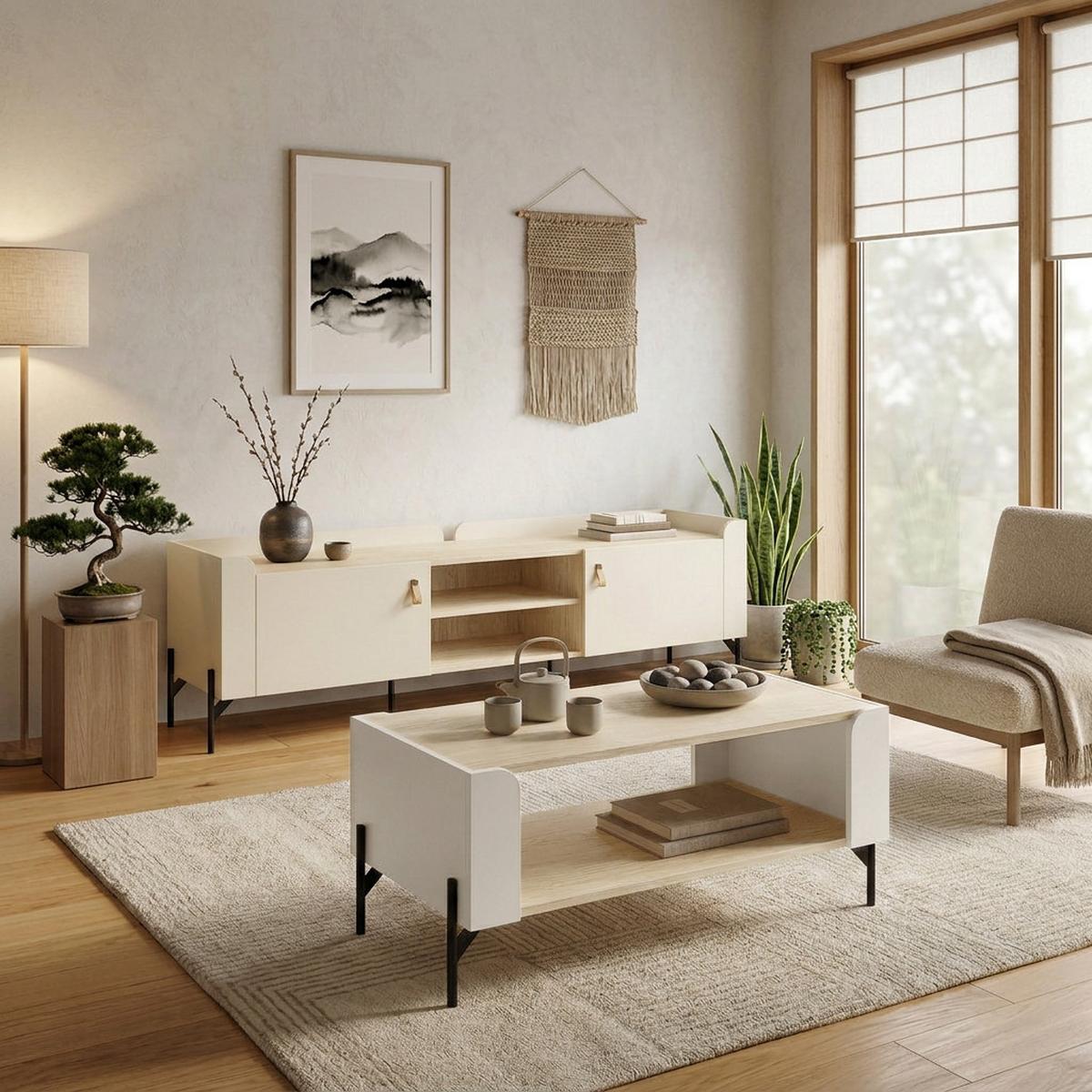 LOWBOARD Sorella mit 2 Türen 195 cm, für Jugendzimmer, Macadamia + Eiche Mavelie - Eichefarben/Beige, Leder/Holzwerkstoff (195/55/42cm) - Beautysofa