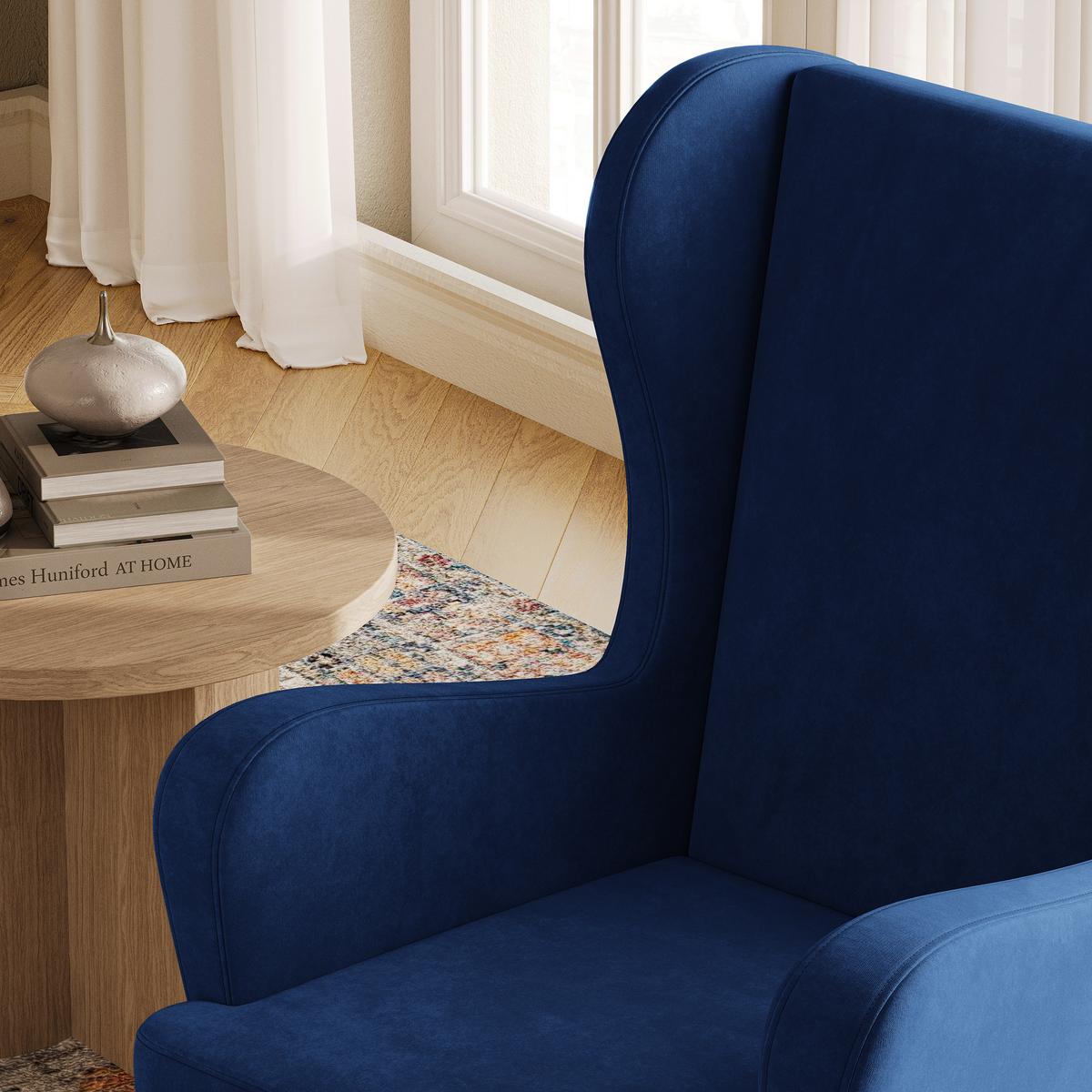 SESSEL VOGERA Ohrensessel Polstersessel, Blau - Blau/Eichefarben, Holzwerkstoff (78/103/85cm) - MASSENO