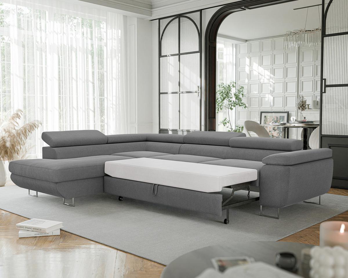 ECKSOFA ANTON links, mit Schlaffunktion und Bettkasten Dunkelgrau - Chromfarben/Dunkelgrau, Textil/Metall (274/203cm) - Idohome