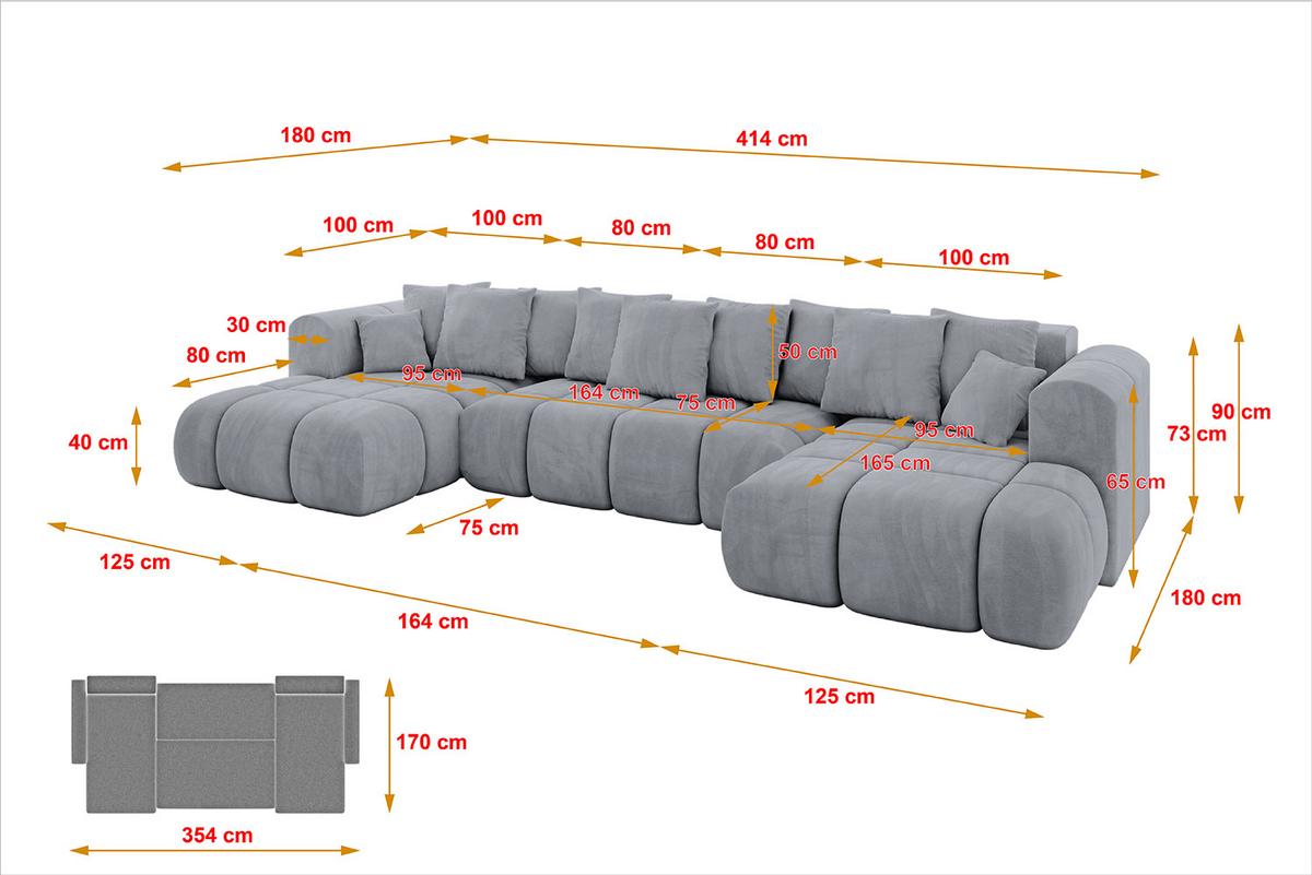 WOHNLANDSCHAFT CLOUD-U-v1 405x185x90 Hellgrau Velours - Hellgrau, Holzwerkstoff/Kunststoff (405/90/185cm) - ALTDECOR