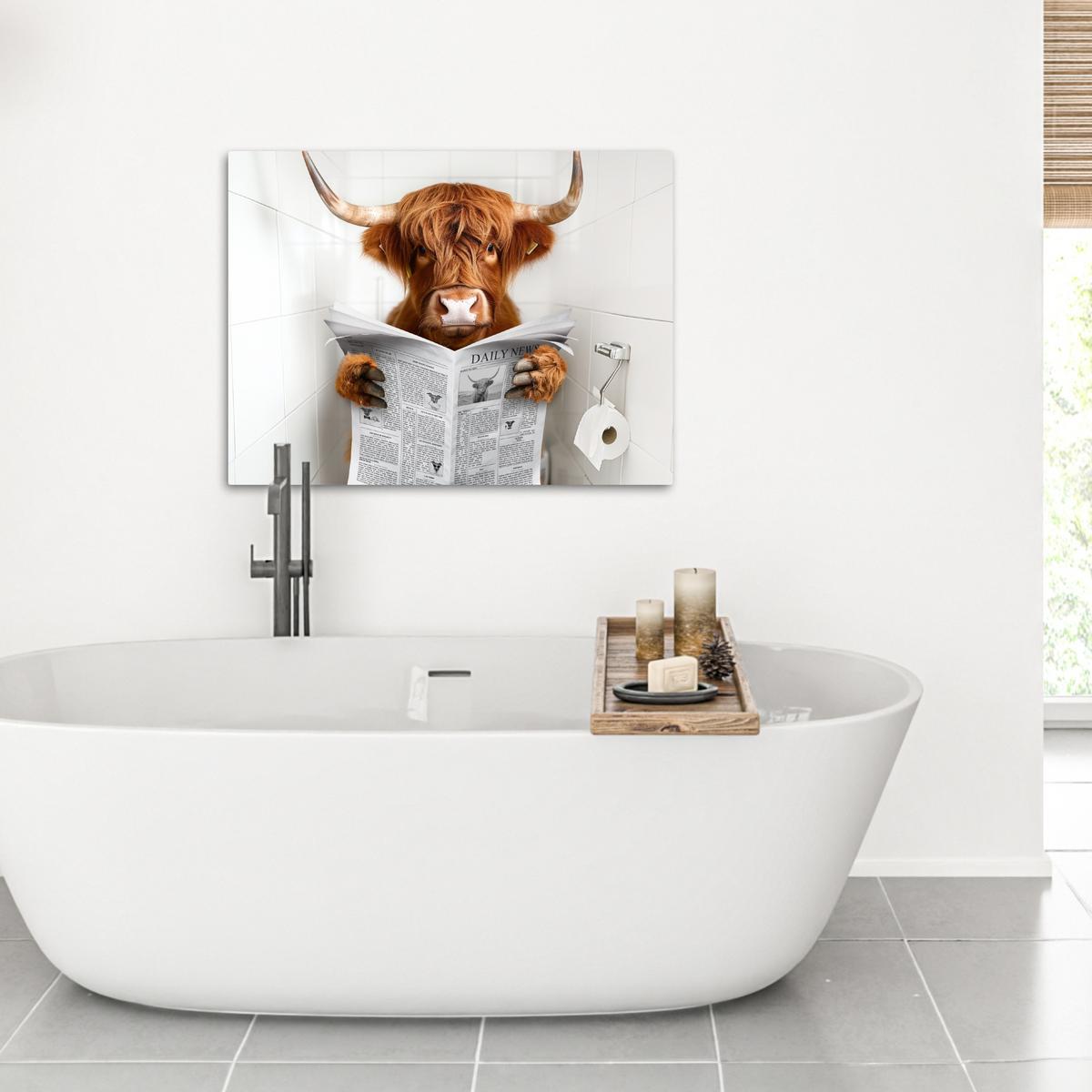 LEINWANDBILD Schottischer Highlander - Tier - Zeitung - Toilette Wandbilder 80x60 cm - Kastanienfarben, Textil (80/60cm) - MuchoWow