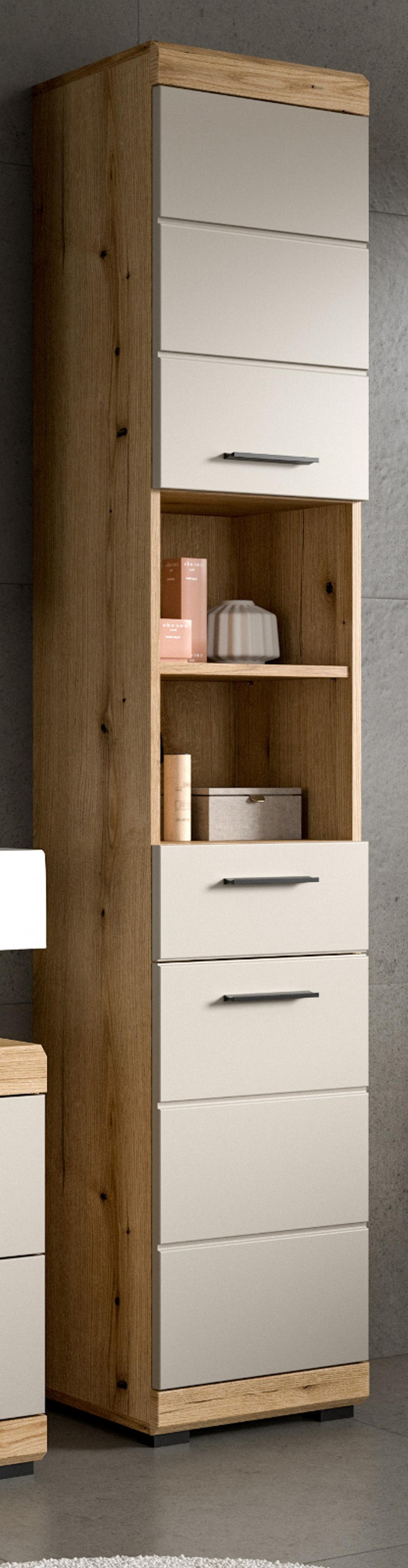 HOCHSCHRANK Sand Kaschmir, Evoke Eiche, Badschrank, 6 Fächer, 37 cm - Kaschmir/Eichefarben, Holzwerkstoff/Kunststoff (37/191/31cm) - Inn.Furn