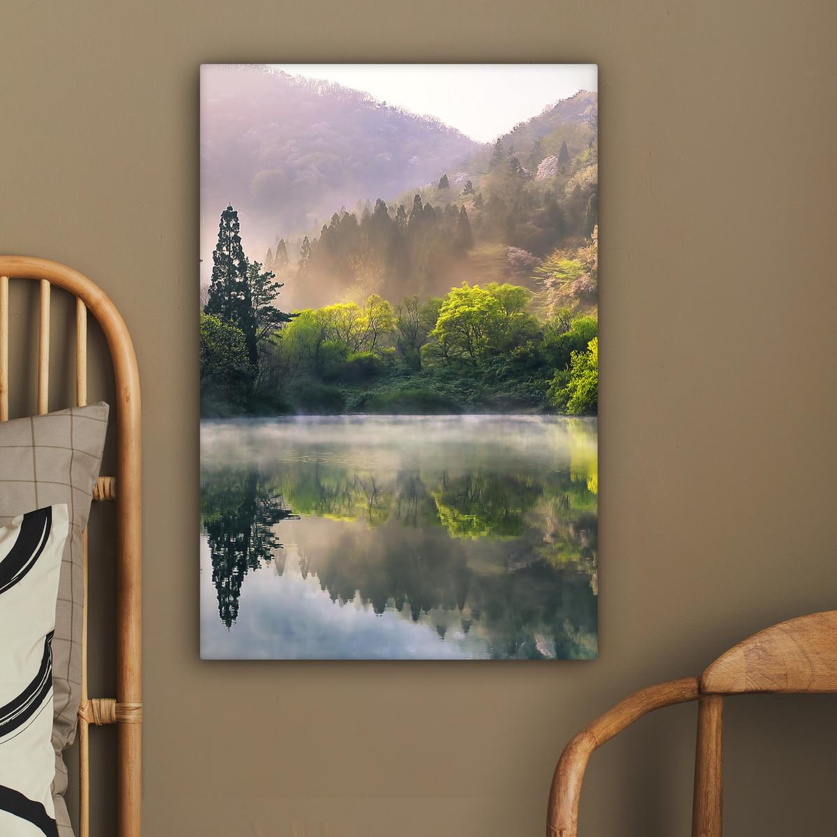 LEINWANDBILD Natur - Bäume - Berge - See - Wasser Wanddeko 40x60 cm - Hellgrün, Textil (40/60cm) - MuchoWow
