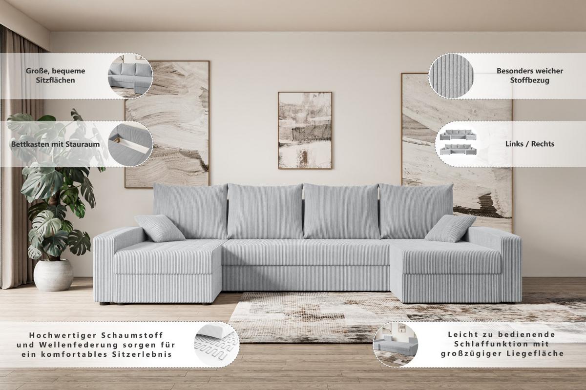 WOHNLANDSCHAFT mit Schlaffunktion und Bettkasten ALESIA-U 301x140x90 cm Grau Cord - Silberfarben/Grau, Holzwerkstoff/Kunststoff (301/90/140cm) - ALTDECOR