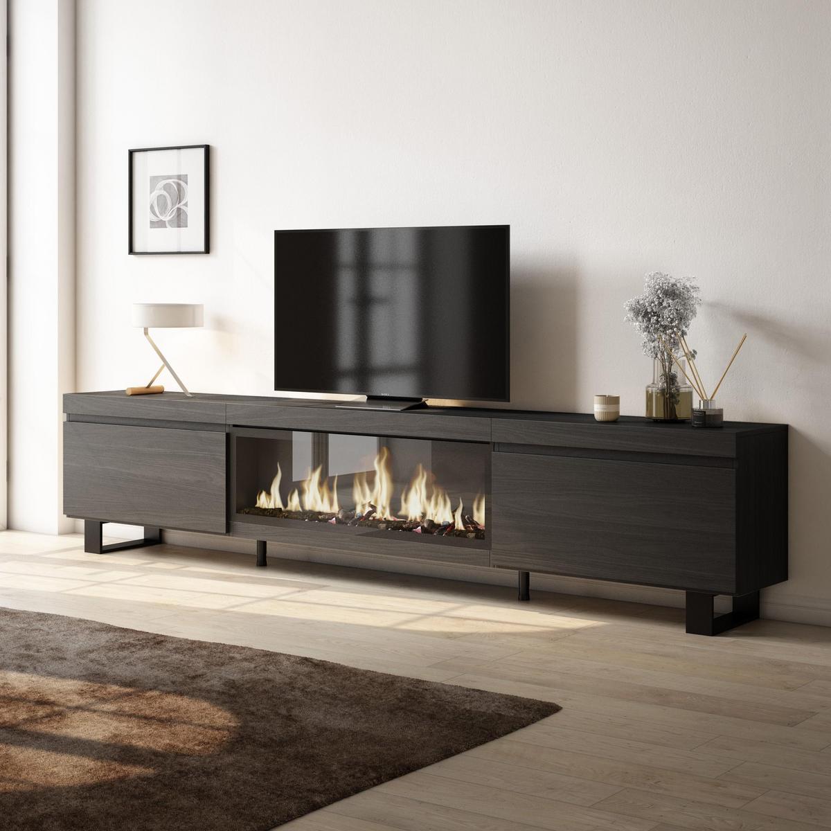 LOWBOARD, Tv-Schrank, mit Elektrokamin XXL, Schwarz, 267/35/57cm - Schwarz, Holzwerkstoff (267/57/35cm) - Skraut Home