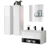 BADMÖBEL Set in weiß Hochglanz und grau mit Waschbecken und LED Beleuchtung 160 x 190 cm Glide - Weiß Hochglanz/Grau, Glas/Holzwerkstoff (160/190/47cm) - Furn.Design