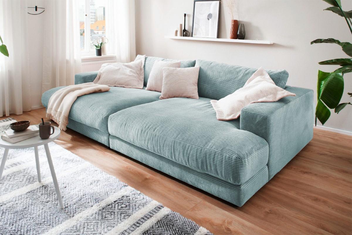 BIG SOFA XL MADELINE Hellblau Cord - Schwarz/Hellblau, Kunststoff/Textil (290/85/190cm) - KAWOLA