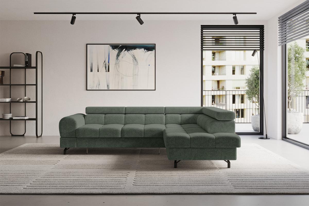 ECKSOFA mit Schlaffunktion Ottomane Rechts LUMA-L 272x203x70 Grün Velours - Schwarz/Grün, Holzwerkstoff/Kunststoff (203/272cm) - ALTDECOR