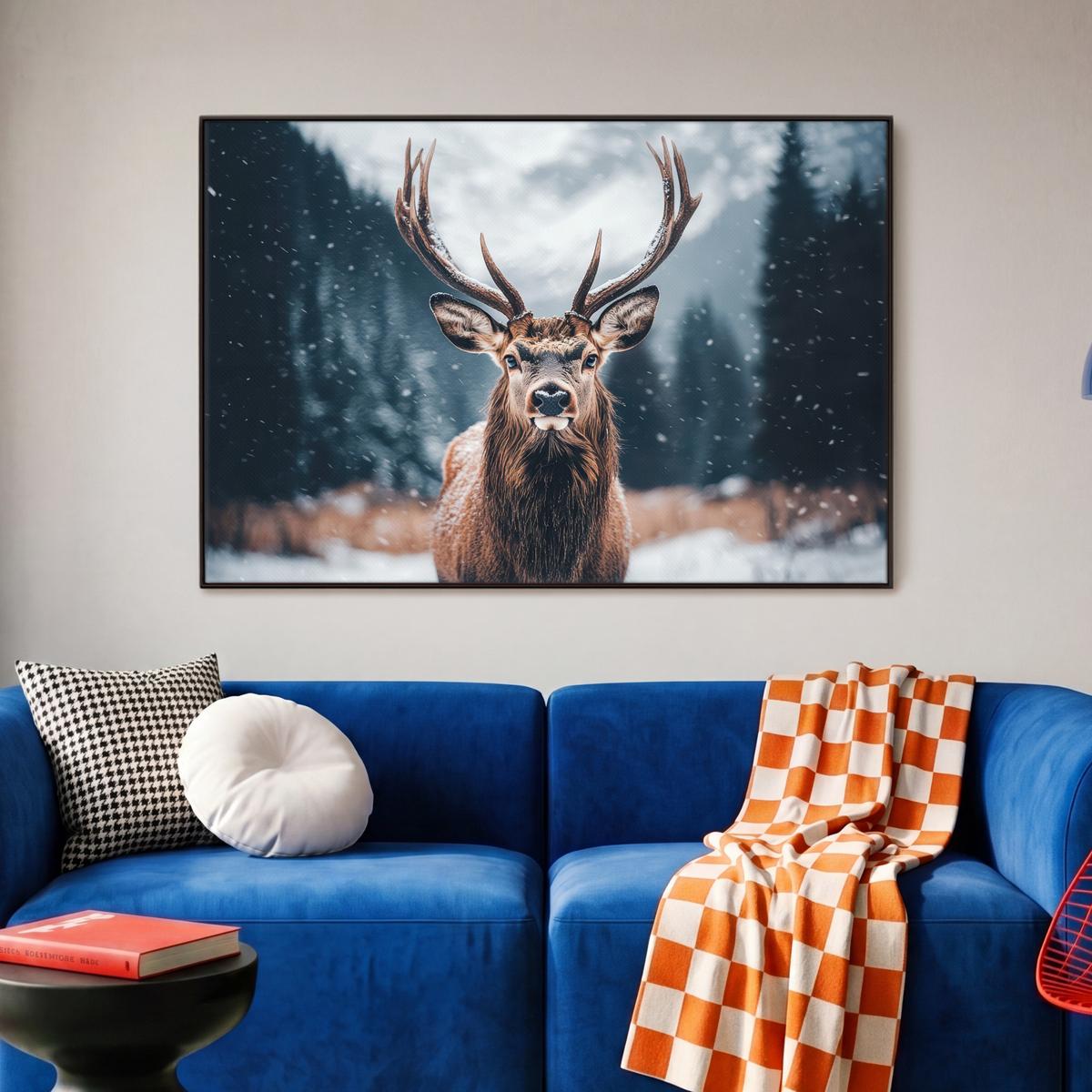 LEINWAND Bilder mit Rahmen - Hirsche - Tiere - Landschaft - Winter - Schnee - 90x60 - Kastanienfarben, Textil (90/60cm) - MuchoWow