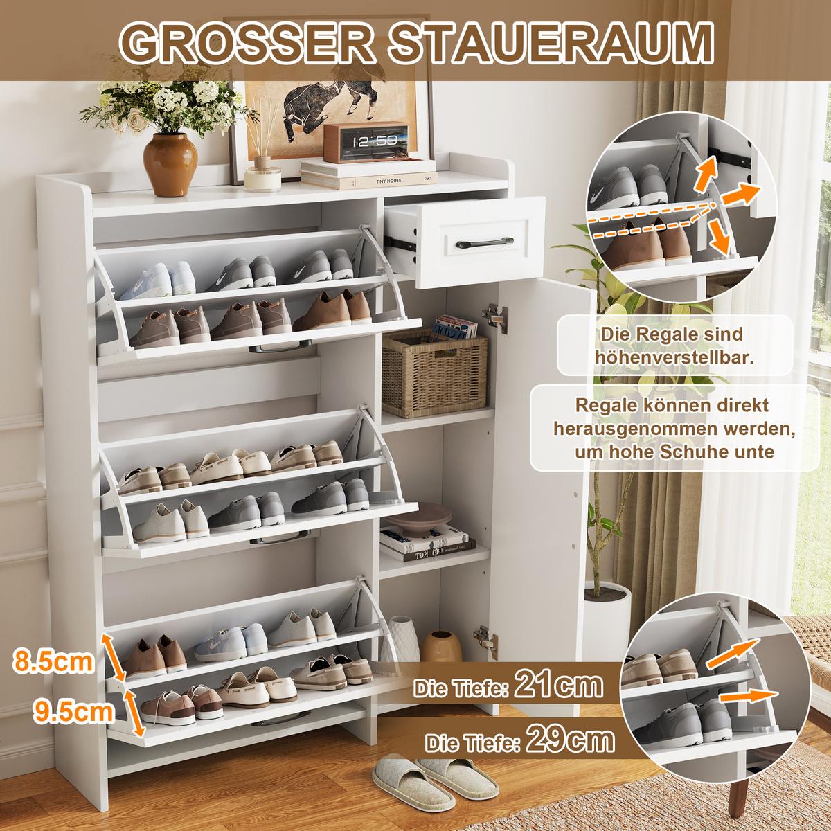 SCHUHSCHRANK Modern 3 Klappfächer 1 Tür Schublade Höhenverstellbar - Weiß, Holzwerkstoff (92/121/24cm) - Urban Meuble
