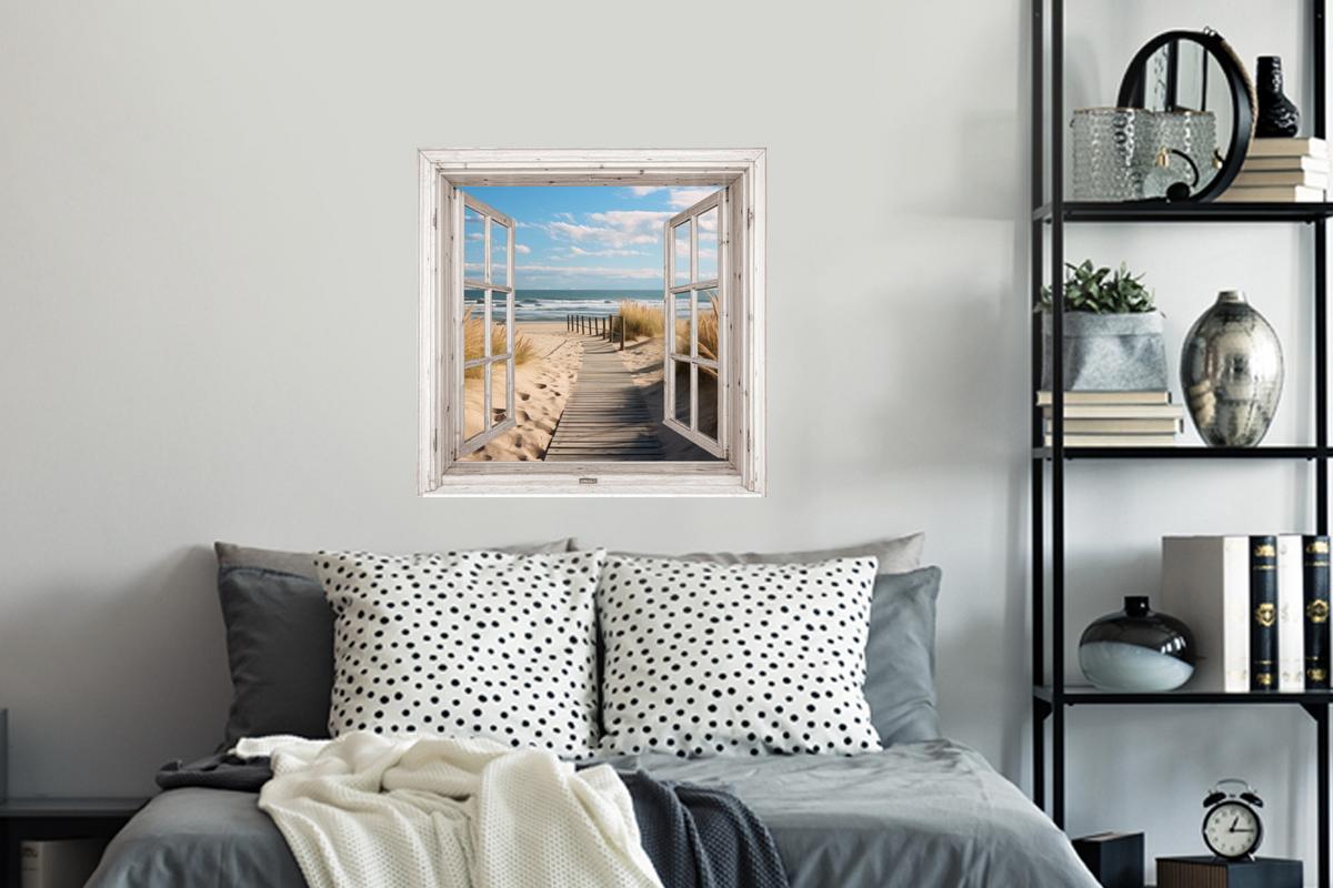 WANDTATTOO Fenster - Meer - Küste - Natur - Ausblick - Strand - Wattenmeer Wanddeko 50x50 cm - Beige, Kunststoff (50/50/0.1cm) - MuchoWow