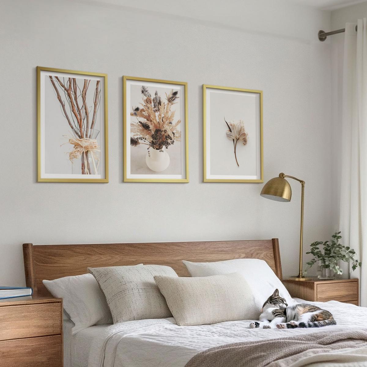 BILDER SET 3er Set - 40x60 cm Goldrahmen - Blumenzweige minimalistisch - Goldfarben, Kunststoff (40/60cm) - TULUP