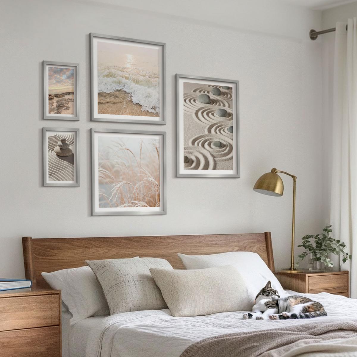 BILDER SET 5er Set - 50x50 cm & 20x30 cm & 40x60 cm Silberner Rahmen - Blumen im Wasser des Buddha-Wasserfalls - Silberfarben, Kunststoff (40/60cm) - TULUP