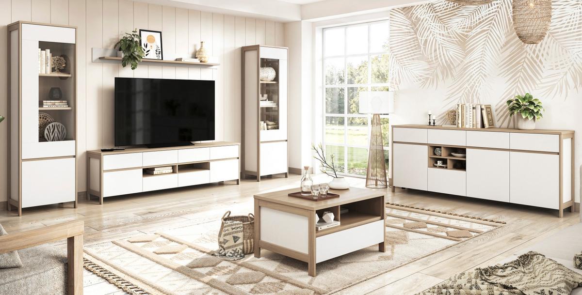 WOHNWAND weiß, Eiche 4-teilig 339 cm, Wohnkombination skandinavisch mit Soft-Close, Finnes - Eichefarben/Weiß, Glas/Holzwerkstoff (339/195/39cm) - Furn.Design