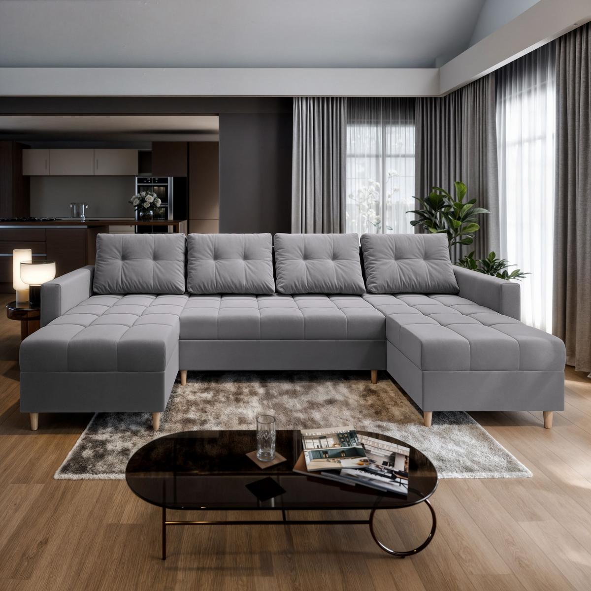 WOHNLANDSCHAFT MILO U Hellgrau Plüsch-Stoff mit Schlaffunktion - Hellgrau/Braun, Holz/Textil (285/91/140cm) - MASSENO