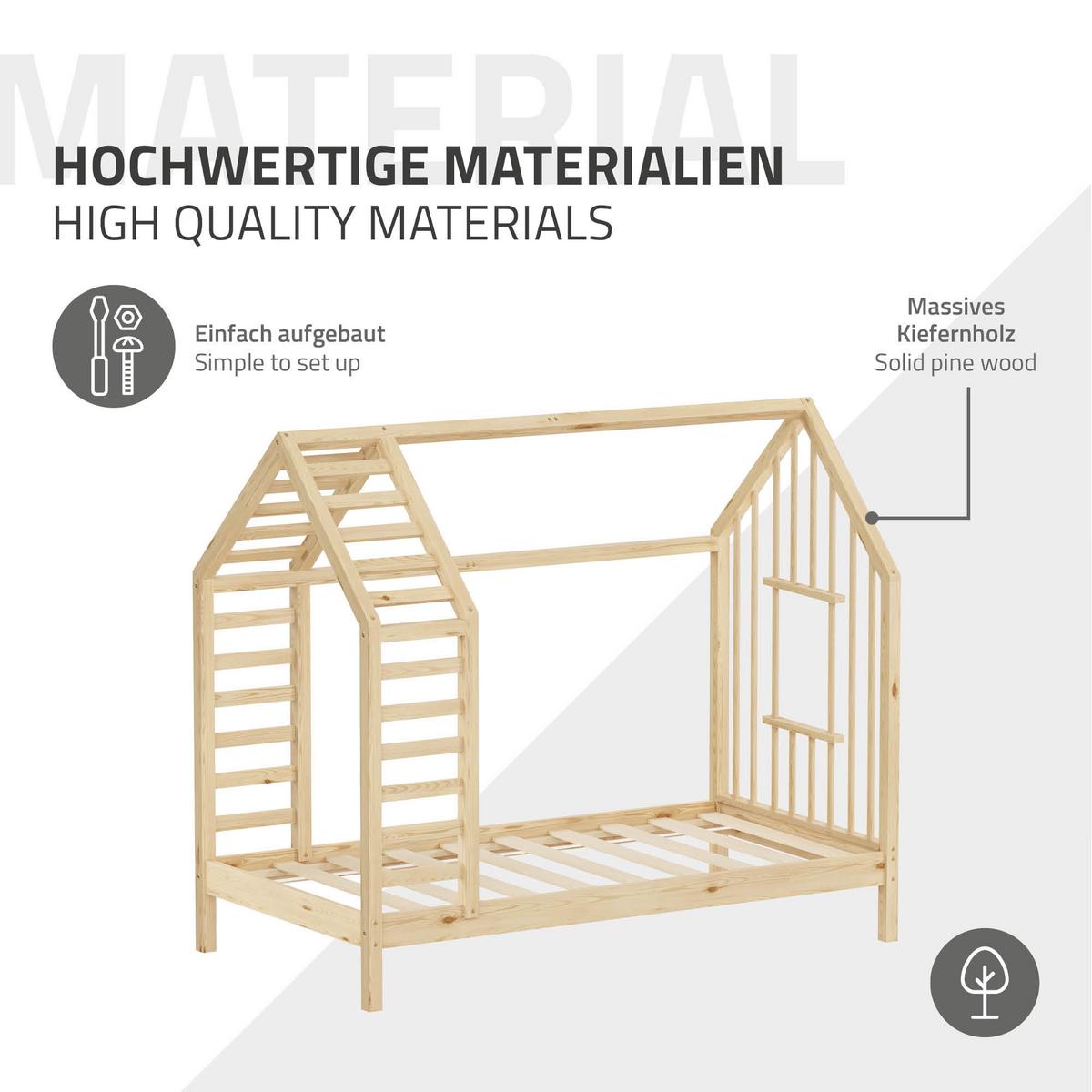 KINDERBETT 80x160 cm mit Lattenrost Dach und Fenster Hausbett aus massivem Kiefernholz Natur - Naturfarben, Holz (80/160cm) - ML-DESIGN