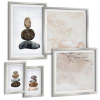 BILDER SET 5er Set - 50x50 cm & 20x30 cm & 40x60 cm Silberner Rahmen - Steinstapel-Boho-Malerei - Silberfarben, Kunststoff (40/60cm) - TULUP