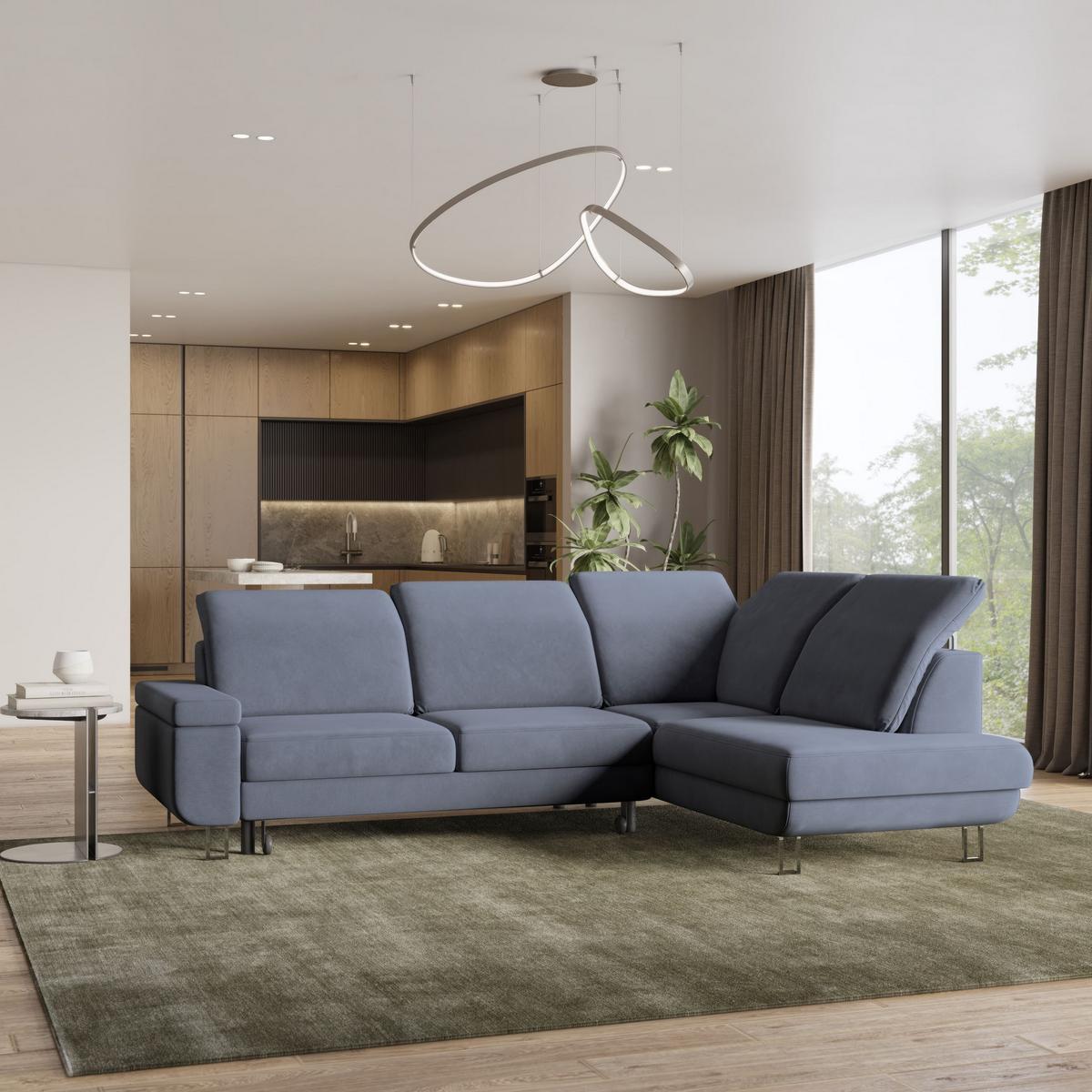 ECKSOFA LERMA R-S Grau Velours-Stoff mit Schlaffunktion - Silberfarben/Grau, Holz/Textil (253/190cm) - MASSENO