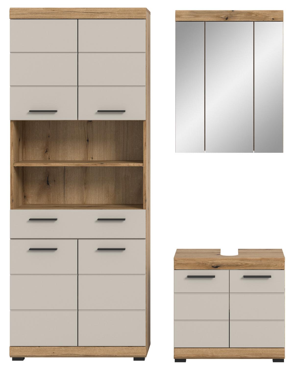 BADMÖBEL-SET Sand Kaschmir, Evoke Eiche, Badkombination 3-teilig 149 cm, viel Stauraum - Kaschmir/Eichefarben, Glas/Holzwerkstoff (149/191/34cm) - Inn.Furn