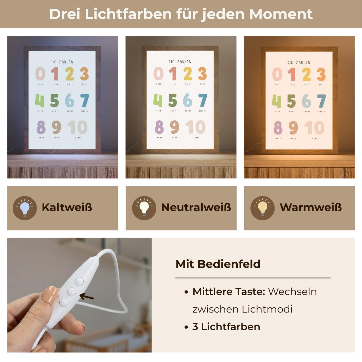NACHTTISCHLAMPE Pädagogisch - Zählen lernen - Weiß - Farben - 1-10 20x30 cm - Weiß, Holzwerkstoff (8/20/30cm) - OnlyWow
