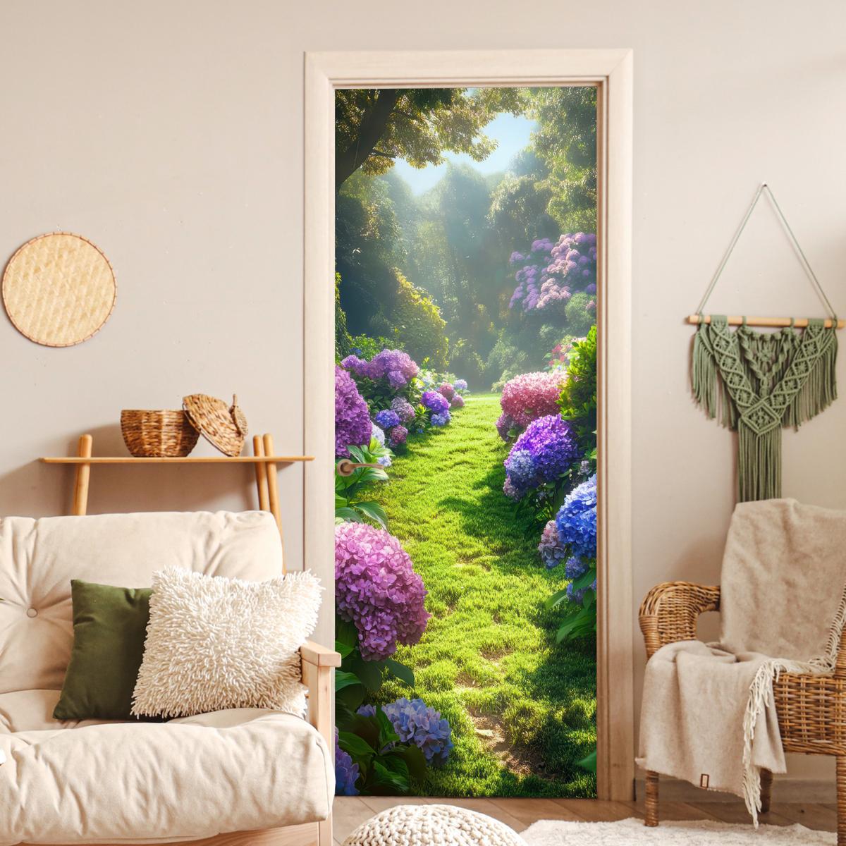 TÜRAUFKLEBER Natur - Hortensie - Blumen - Grün 90x235 cm - Türtapete - Hellgrün, Kunststoff (90/0.1cm) - MuchoWow