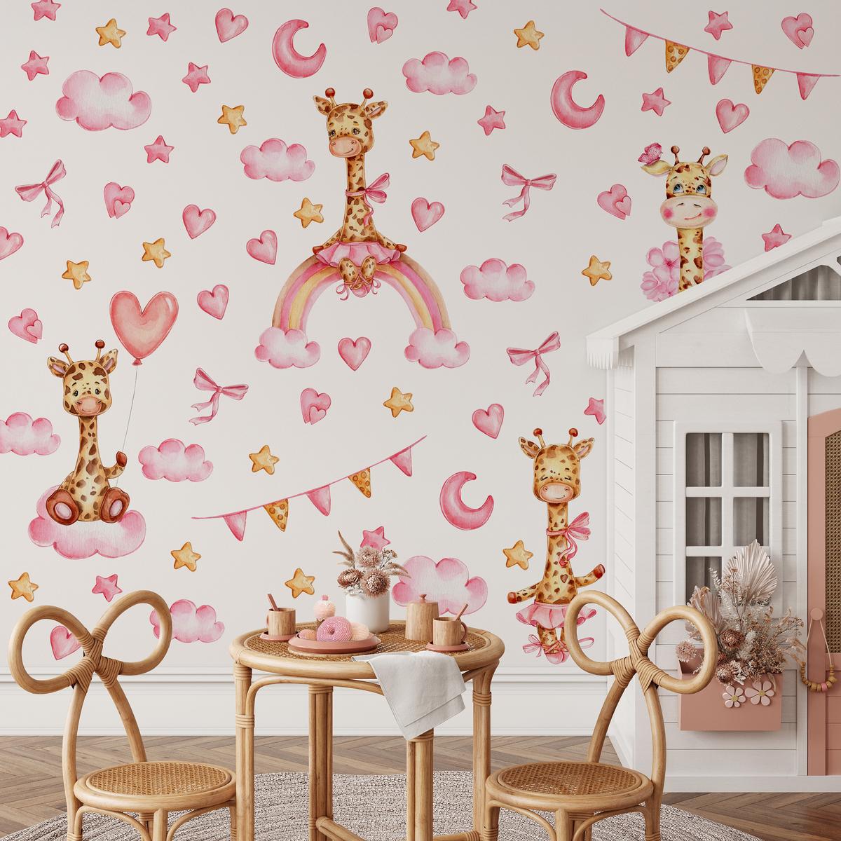 STICKER SET für Kinder Giraffen rosa Wolken Monde Sterne 120x60 - Gelb/Beige, Papier (120/60/1cm) - Muralo