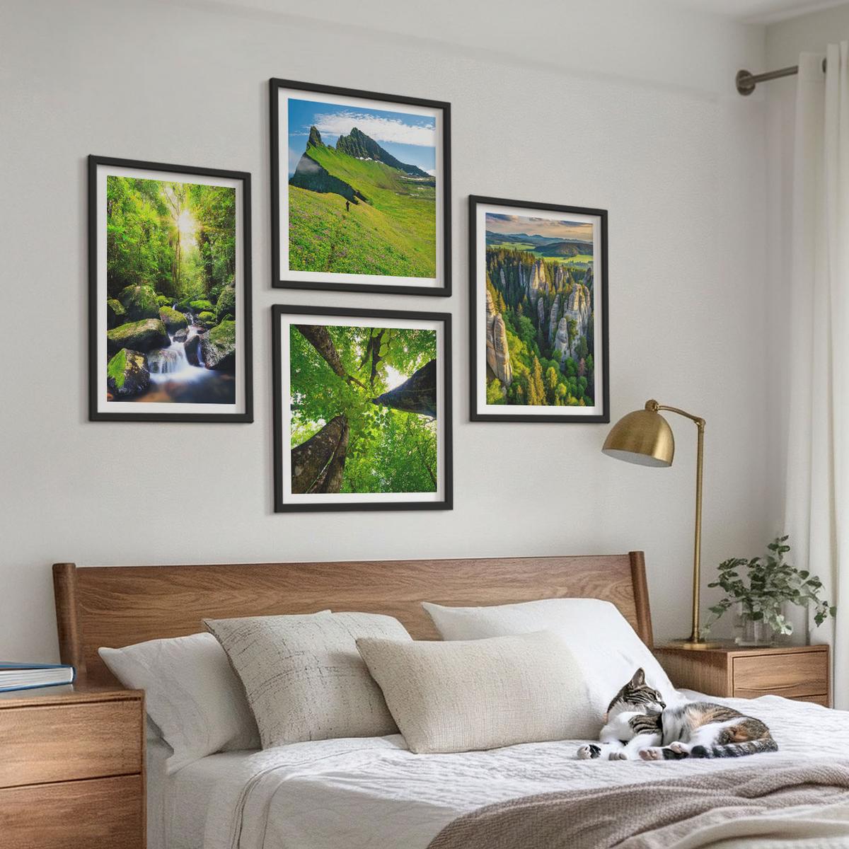 BILDER SET 4er Set - 50x50 cm & 40x60 cm Schwarzer Rahmen - Grüne Berge Wasserfallwald - Schwarz, Kunststoff (50/50cm) - TULUP