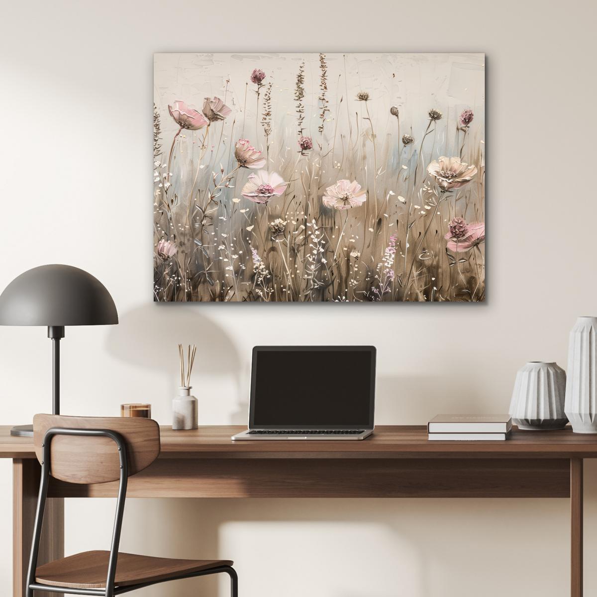 METALLBILD Blumen - Rosa - Modern - Beige 80x60 cm - Beige, Metall (80/60cm) - MuchoWow