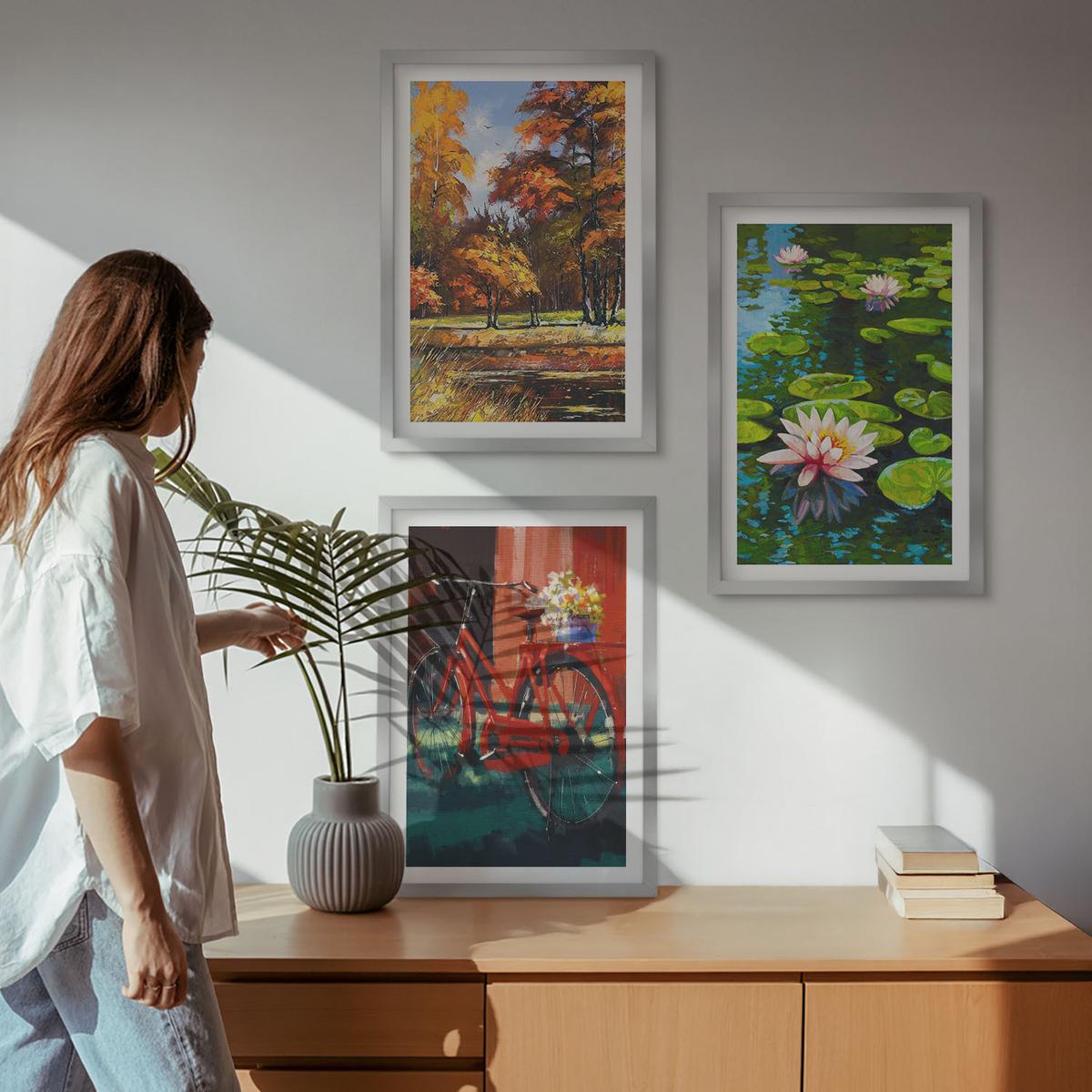 BILDER SET 3er Set - 40x60 cm Silberner Rahmen - Herbstfarbene Lilienterrasse - Silberfarben, Kunststoff (40/60cm) - TULUP