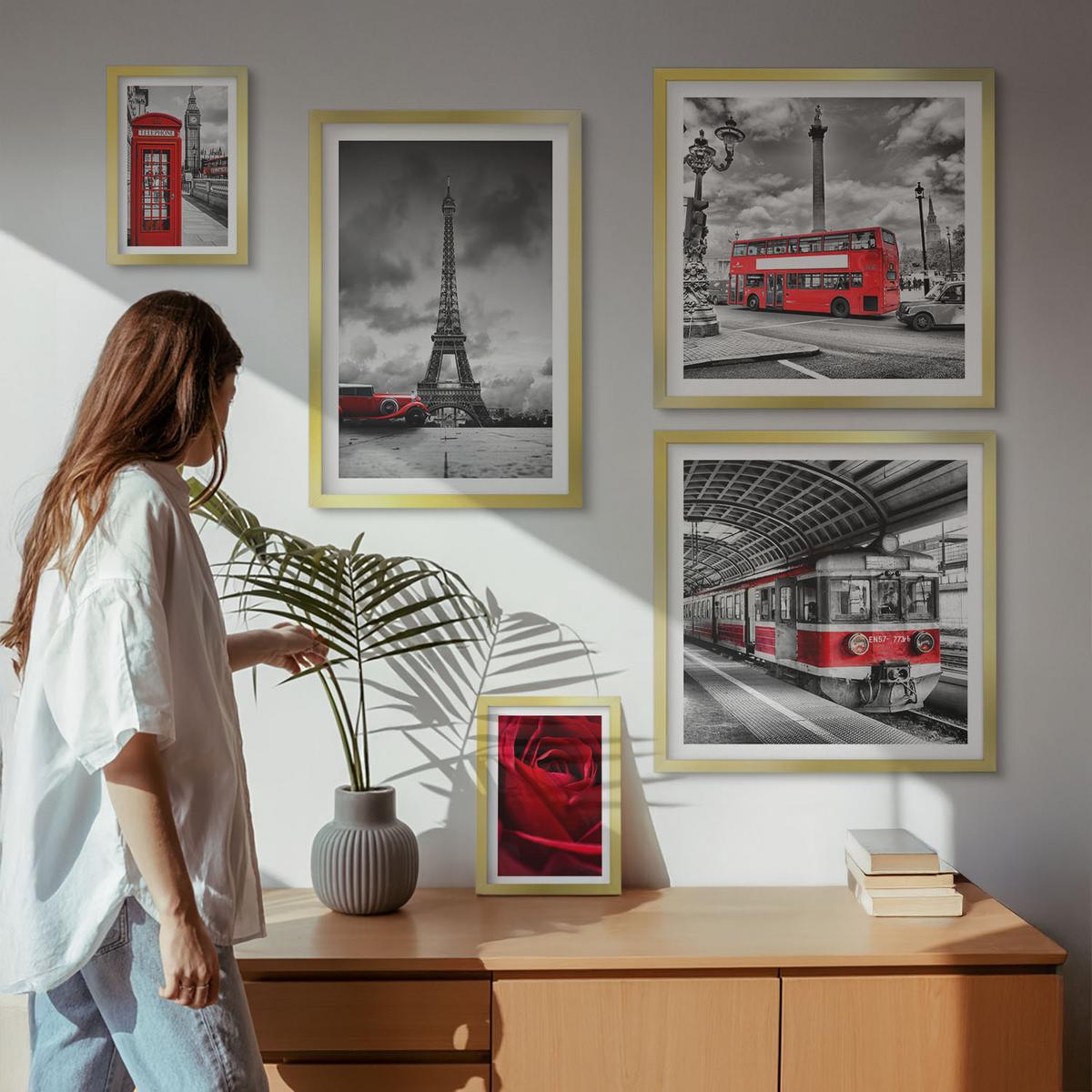 BILDER SET 5er Set - 50x50 cm & 20x30 cm & 40x60 cm Goldrahmen - Ikonische Städte London Paris Eisenbahn - Goldfarben, Kunststoff (40/60cm) - TULUP