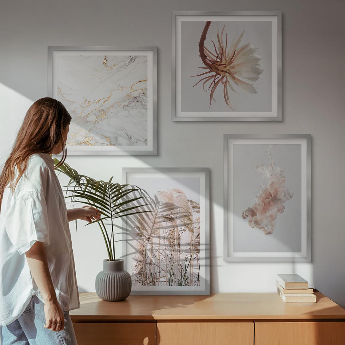 BILDER SET 4er Set - 50x50 cm & 40x60 cm Silberner Rahmen - Elegante Gräser, Blumen, Marmor - Silberfarben, Kunststoff (50/50cm) - TULUP