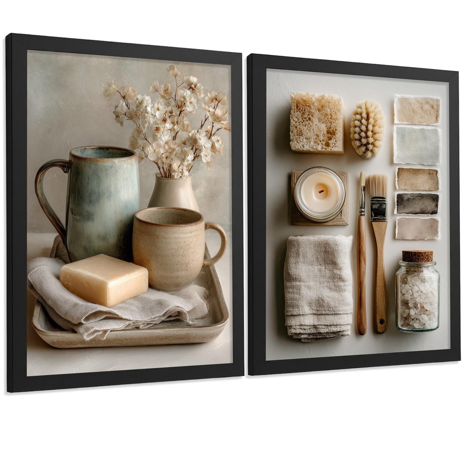 POSTER 2er-Set dekorative Badezimmer-Wandbilder und für Waschbecken, Dusche, WC mit Seifen, Tassen, Blumen künstlerischer Schwarzer Rahmen A3 - Schwarz, Papier (42/29.7/3cm) - Nacnic