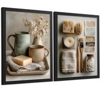 POSTER 2er-Set dekorative Badezimmer-Wandbilder und für Waschbecken, Dusche, WC mit Seifen, Tassen, Blumen künstlerischer Schwarzer Rahmen A3 - Schwarz, Papier (42/29.7/3cm) - Nacnic