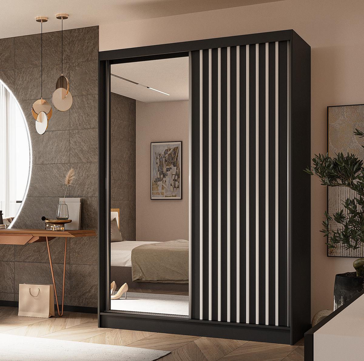 SCHWEBETÜRENSCHRANK Cabinio Schwarz Weiß 150/216/61 cm – mit Spiegel und Lamellen - Schwarz/Weiß, Holzwerkstoff/Kunststoff (150/216/61cm) - AX Living