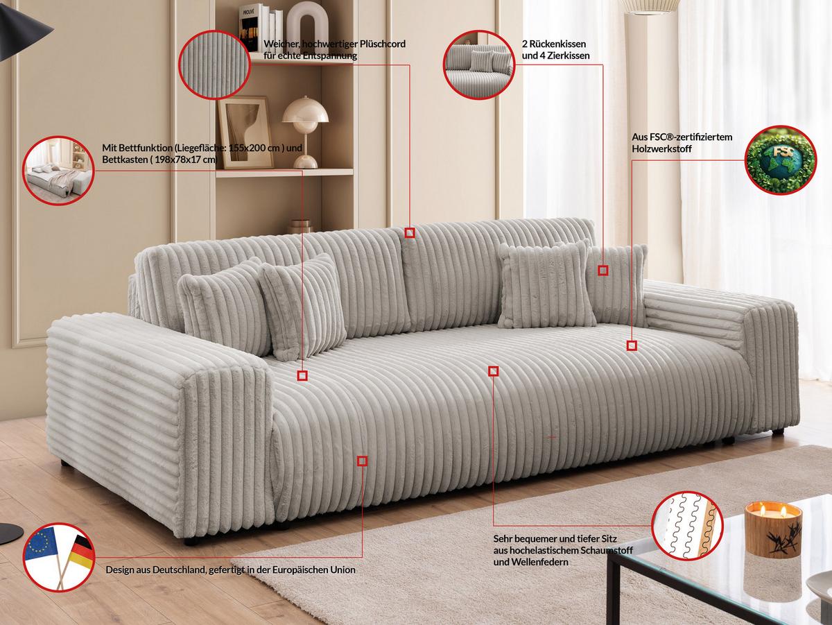 BIGSOFA Mollis Hellgrau Plüschcord mit Schlaffunktion - Hellgrau/Schwarz, Holz/Kunststoff (260/77/124cm) - S-Style Möbel
