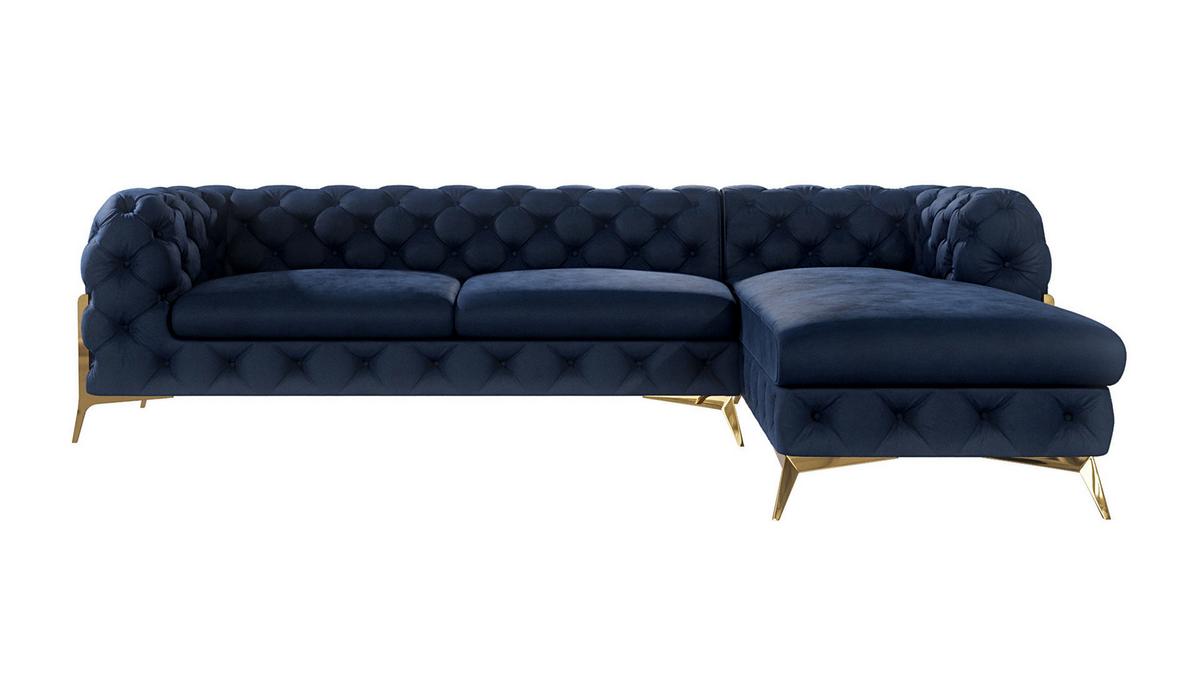 ECKSOFA Chesterfield Lexi Marineblau Samt, Ottomane rechts - Goldfarben/Dunkelblau, Holz/Textil (305/200cm) - S-Style