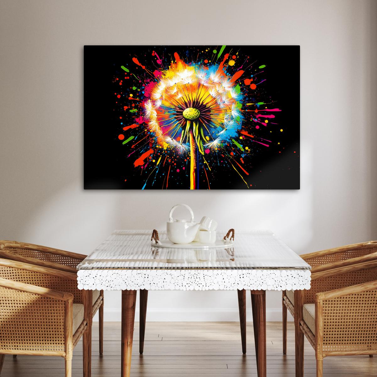 LEINWANDBILD Löwenzahn - Graffiti - Farbenfroh - Blumen - Natur Wohnzimmer Groß 120x80 cm - Multicolor, Textil (120/80cm) - MuchoWow