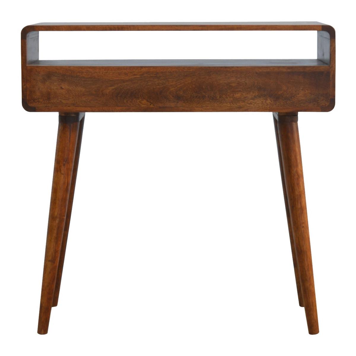 GEKRÜMMTES KONSOLENTISCH im Kastanienholz-Finish, 2 Schubladen, 1 Offenes Fach, Beine im Nordischen Stil, Braun - Messingfarben/Braun, Holz/Metall (35/90/90cm) - Artisan Furniture